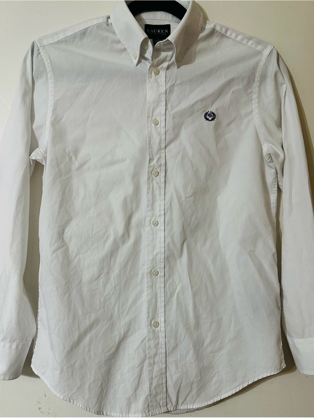 Boy’s Ralph Lauren White Button-Down Dress Shirt w/ Navy Embroidered Crest